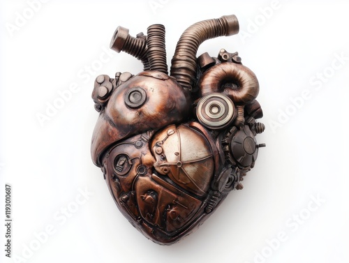 Vintage mechanical industrial machine steel heart shape motor in love steampunk mechanism photo