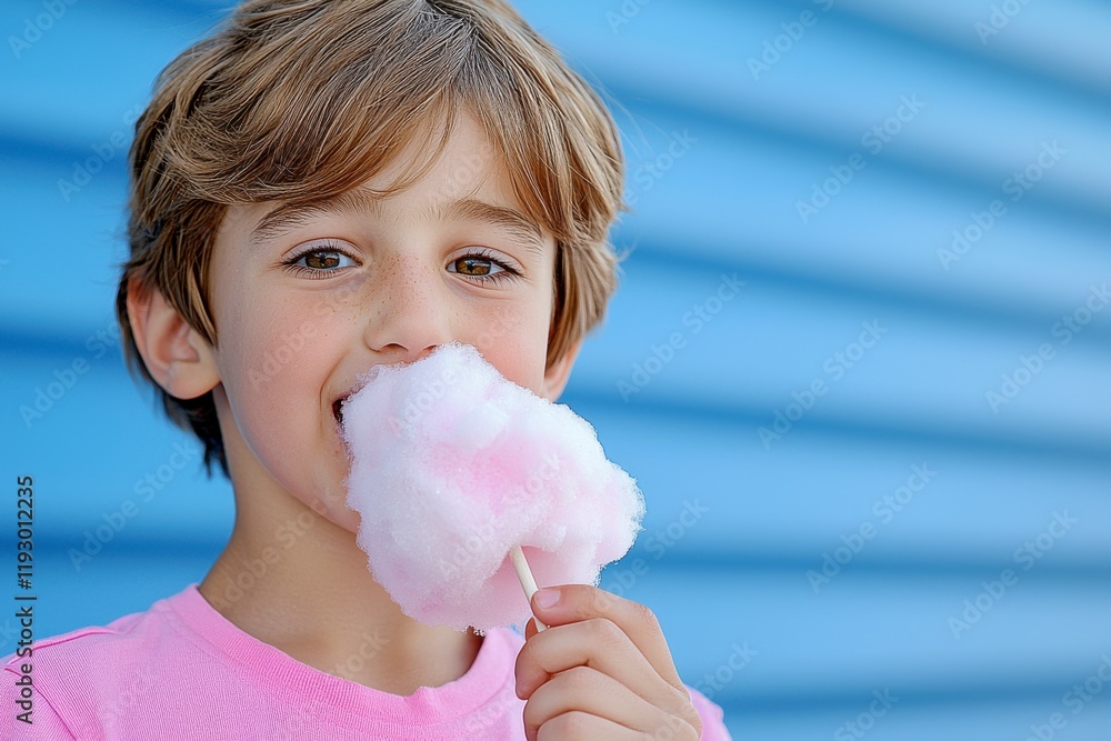 Happy Child Enjoying Cotton Candy by Colorful Background Happy Child Enjoying Cotton Candy by Colorful Background