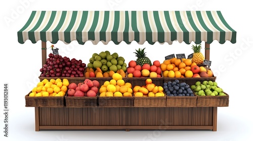 An outdoor fruit stand with a striped awning and a variety of fruits displayed, including apples and oranges. photo