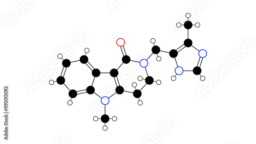 alosetron molecule, structural chemical formula, ball-and-stick model, isolated image anti-inflammatory agents photo