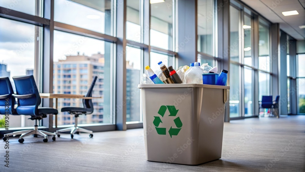 A recycling bin filled with sorted recyclables in a modern office setting, green waste, corporate responsibility, glass bottles