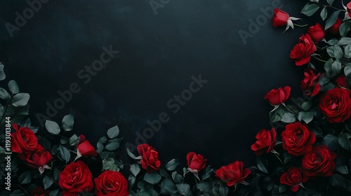 A border of vibrant red roses with green leaves at the bottom, set against a pastel dark background, creating a romantic and elegant floral design.
