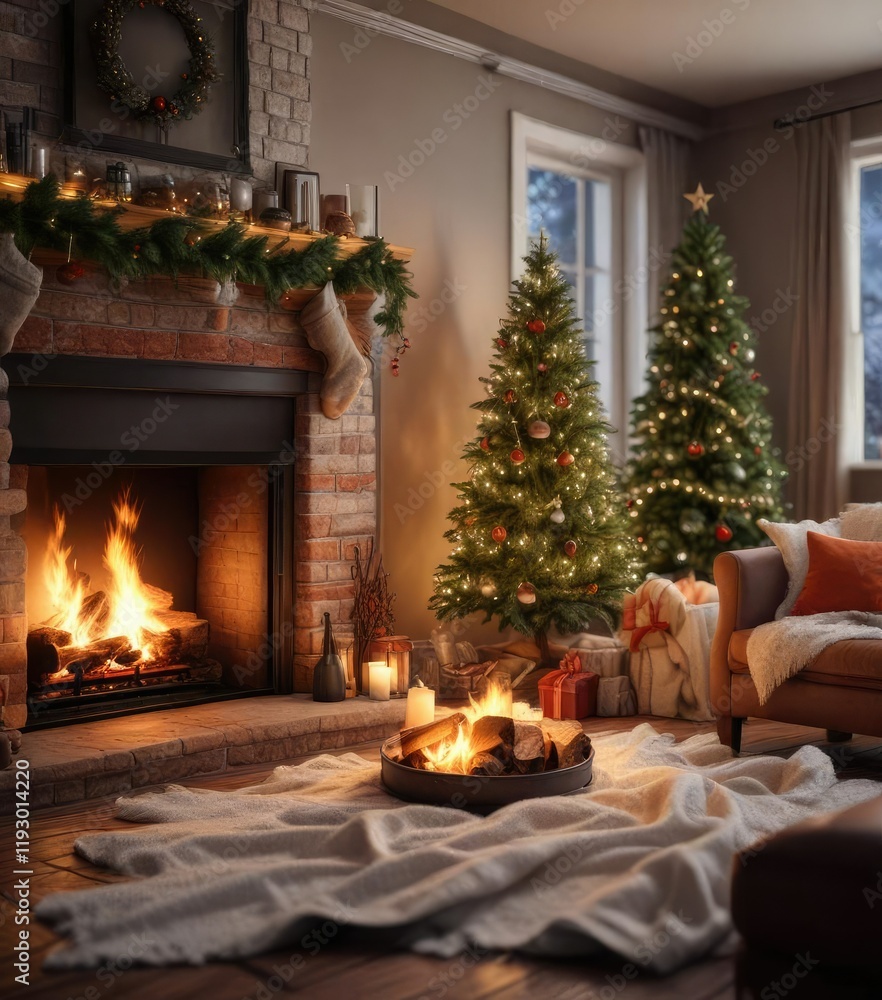 A cozy living room scene with a crackling fireplace, soft blankets, and a Christmas tree in the corner, peaceful retreat, crackling fireplace A cozy living room scene with a crackling fireplace, soft blankets, and a Christmas tree in the corner, peaceful retreat, crackling fireplace
