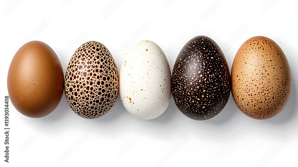 Five diverse bird eggs arranged in a row on a white background. Five diverse bird eggs arranged in a row on a white background.