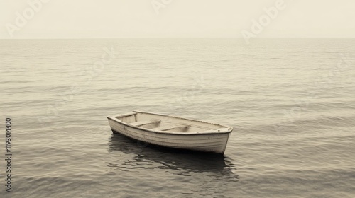 Small white rowboat floats serenely on calm, grey sea.