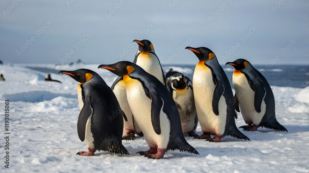 Fototapeta premium Penguins Huddled Together in the Snow