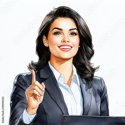 Professional woman in business attire smiling and gesturing positively photo