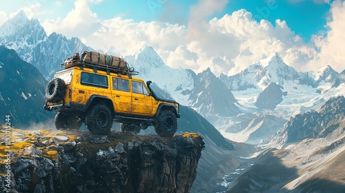 Yellow off-road vehicle on mountaintop overlooking snowy peaks.