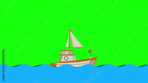 Ship Sailing in the ocean boat cartoon looping animation on green screen