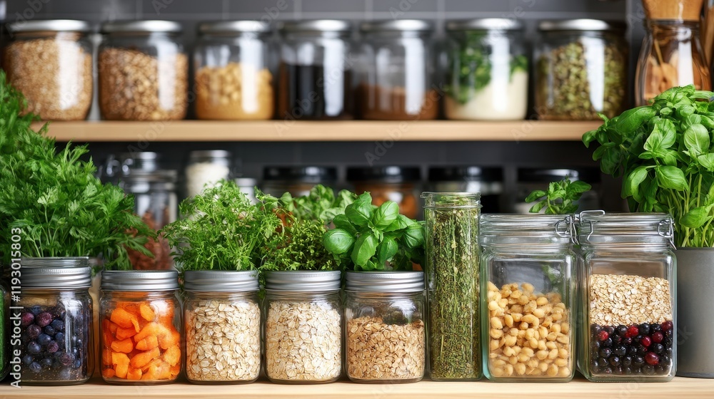Rustic Kitchen Counter with Glass Jars and Fresh Herbs Display Rustic Kitchen Counter with Glass Jars and Fresh Herbs Display