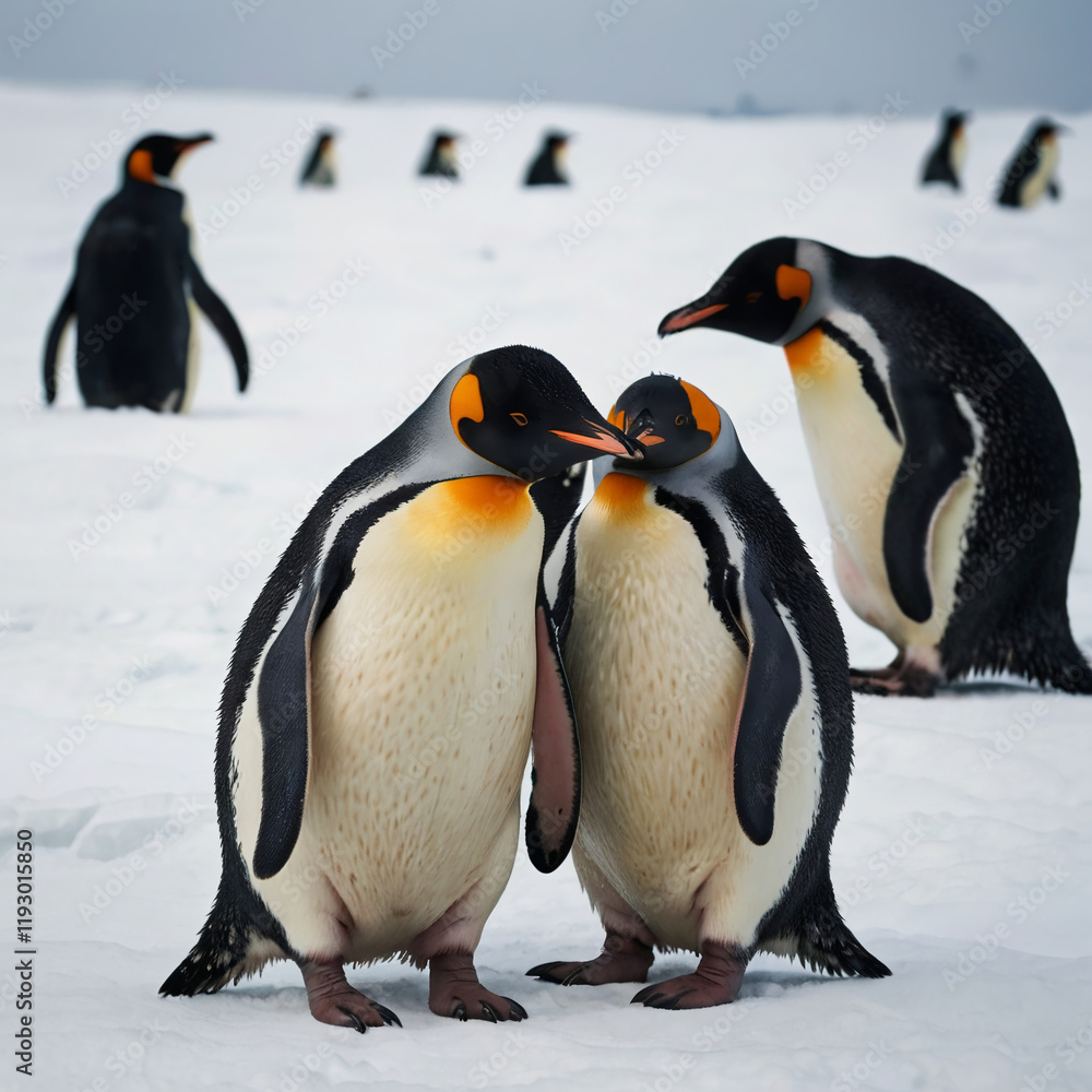 Fototapeta premium Penguins Huddled Together in the Snow