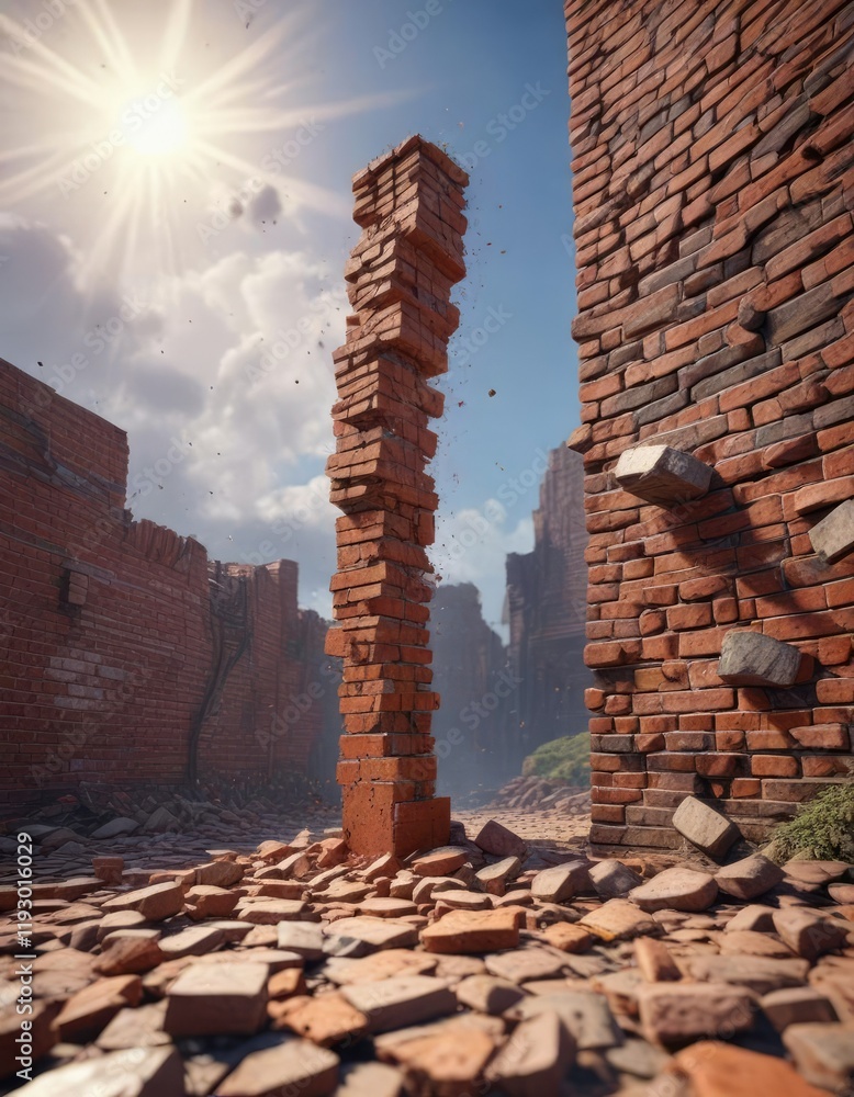 A solitary brick falls from the sky amidst scattered bricks , falling debris, flying bricks