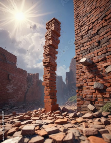 Obraz na płótnie A solitary brick falls from the sky amidst scattered bricks , falling debris, flying bricks w salonie