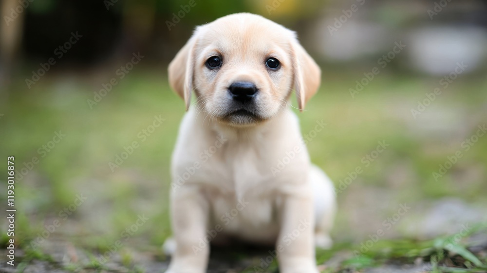 Adorable Light Golden Labrador Puppy Sitting on Green Grass with Innocent Expression and Playful Charm in Natural Outdoor Setting