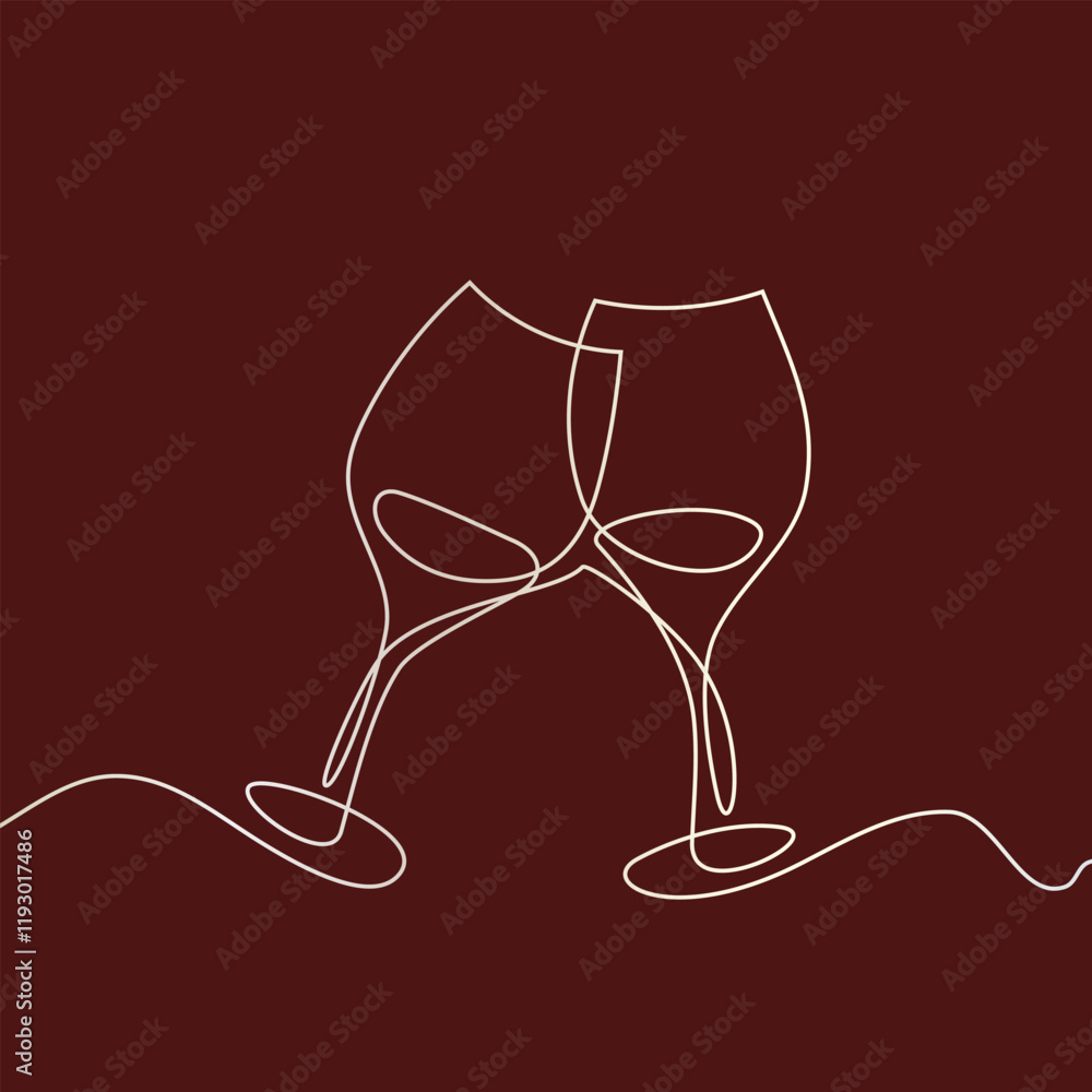 One continuous line of hand-drawn glasses of wine cheering isolated on a red background.