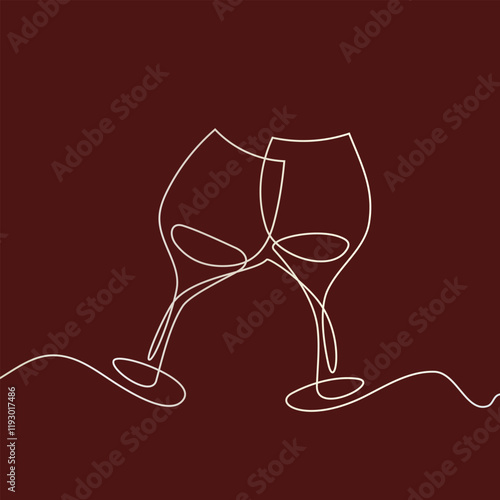 Obraz na płótnie One continuous line of hand-drawn glasses of wine cheering isolated on a red background. w salonie