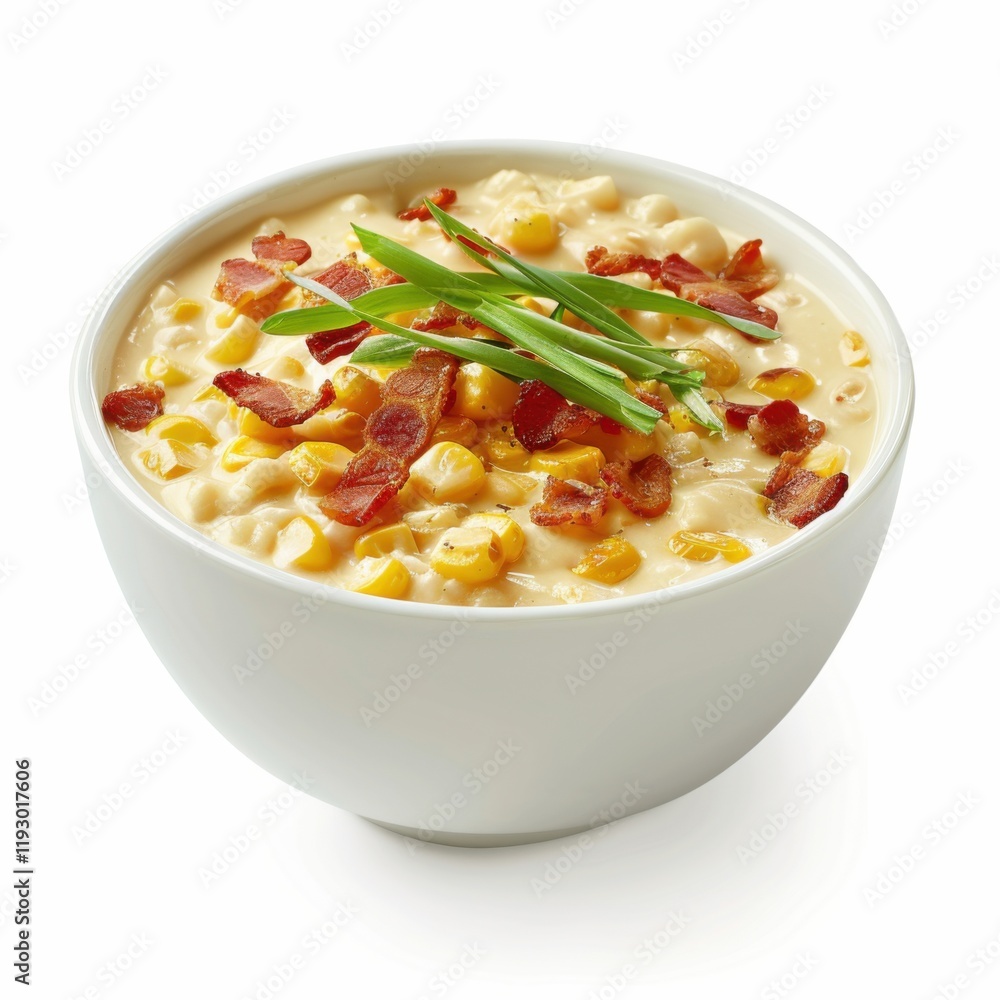 A bowl of creamy corn chowder with crispy bacon topping, isolated white background, contemporary art style A bowl of creamy corn chowder with crispy bacon topping, isolated white background, contemporary art style
