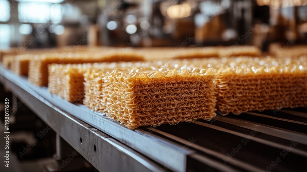 Honeycomb Structure in Production Facility Showing Detailed Patterns and Textures, Highlighting the Natural Process of Beekeeping and Honey Harvesting in a Factory Environment Honeycomb Structure in Production Facility Showing Detailed Patterns and Textures, Highlighting the Natural Process of Beekeeping and Honey Harvesting in a Factory Environment