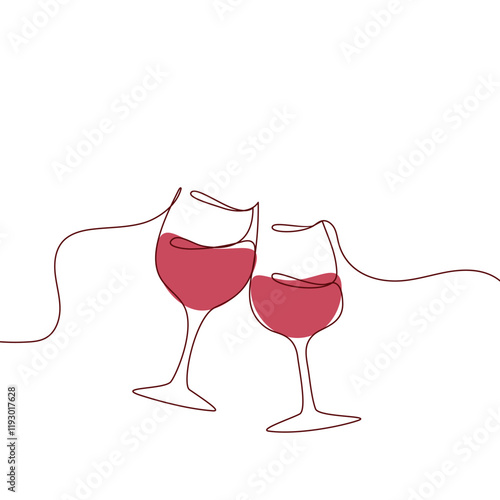 Obraz na płótnie One continuous line of hand-drawn glasses of wine cheering isolated on a white background. w salonie