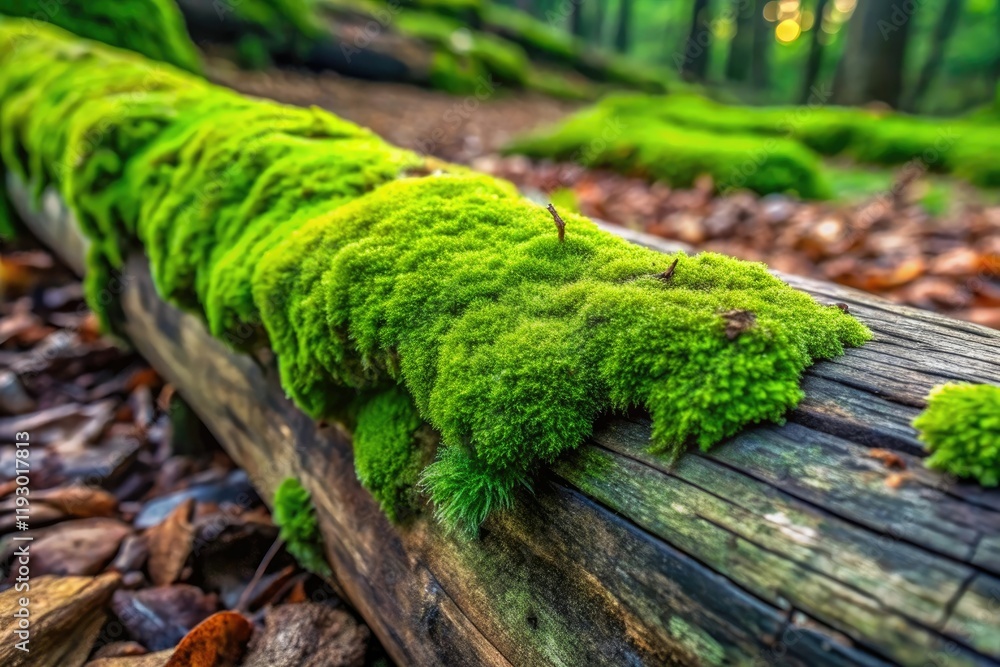 A lush carpet of emerald green moss covering a weathered wooden log, outdoor, dense A lush carpet of emerald green moss covering a weathered wooden log, outdoor, dense