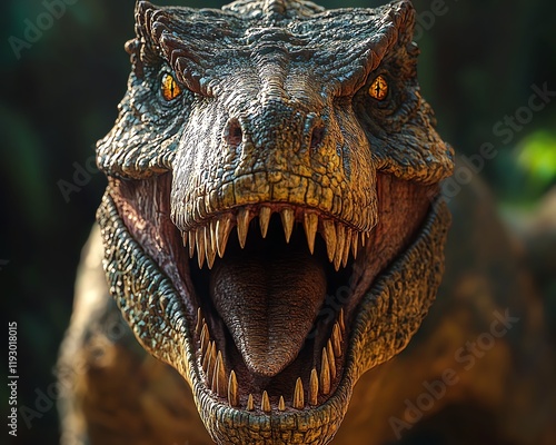 Fototapeta Naklejka Na Ścianę i Meble -  Detailed closeup of a dinosaurs face with sharp, visible teeth, digitally illustrated with a focus on natural textures and fierce features