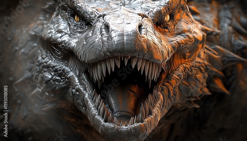 Detailed digital art of a dinosaur head with menacing teeth, capturing the intensity and raw power of this ancient creature in closeup photo