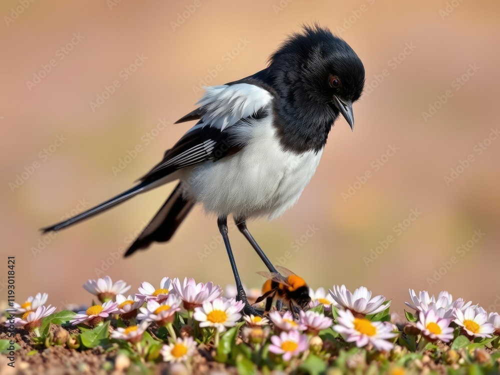Fototapeta premium A magpie standing over a patch of ground flowers, its feathers ruffled and its eyes fixed intently on the ground below as it waits for a bumblebee to emerge, Scotland, wildlife