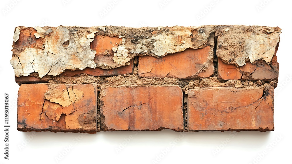 Obraz premium A portion of an old, weathered brick wall with a partially peeled-off surface layer, revealing the underlying structure and texture. The brick is reddish-brown with visible signs of age and wear.