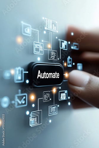 Caucasian Hand Pressing Automate Button Activating Digital Interface Streamlining Business Workflow Processes Technology Efficiency Innovation