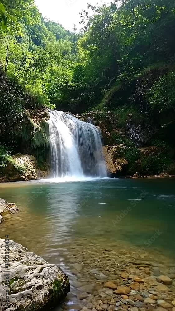A picturesque waterfall cascading into a clear, turquoise pool, surrounded by forest and rocky terrain, ideal for relaxation and exploration. A picturesque waterfall cascading into a clear, turquoise pool, surrounded by forest and rocky terrain, ideal for relaxation and exploration.