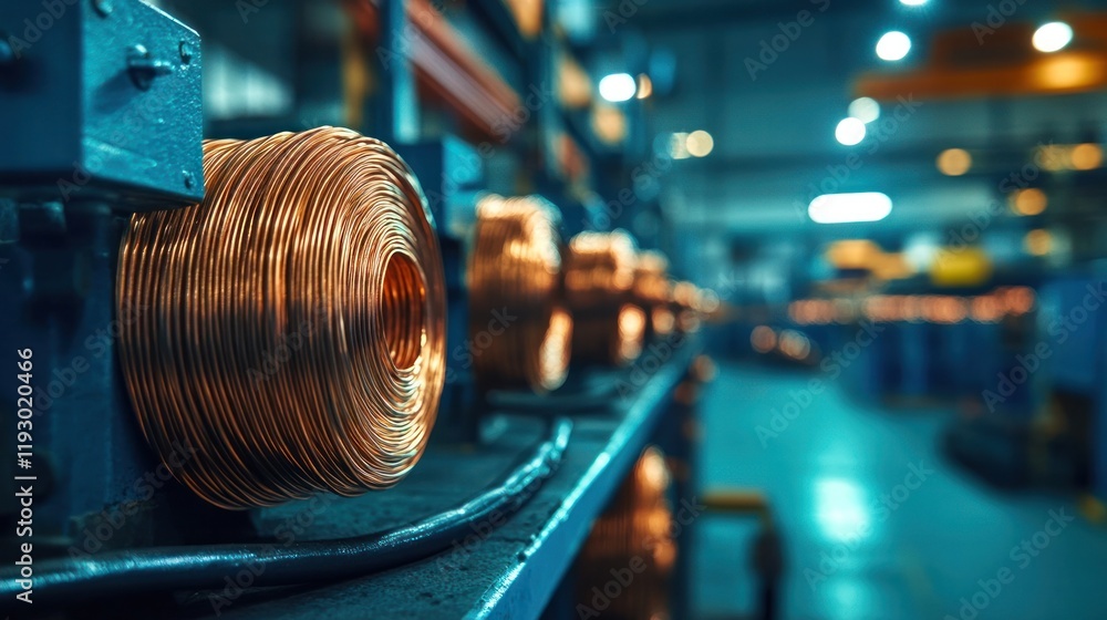 Obraz premium Closeup view of a large coiled copper wire spool or bobbin against the backdrop of a dimly lit industrial factory setting with various machinery equipment and storage racks visible in the background