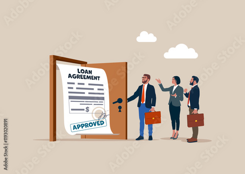 Business people opening a door to see to loan agreement. Loan agreement borrow money from bank, mortgage, debt or obligation to pay back interest rate, personal loan or financial support concept. 