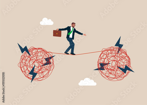Businessman walks from one stress to another along a tight rope. Mental health treatment or psychology support, help relief anxiety or depression. Flat vector illustration.