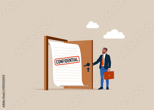 Businessman opening a door to see Confidential document. Non disclosure agreement contract signing, legal confidential document for working employee acknowledge concept. Flat vector illustration