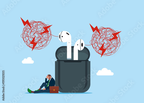 From wireless headphones spreading fake stress. News with disinformation, lies and propaganda. Tiny businessman with wireless headphones with a charging case. 