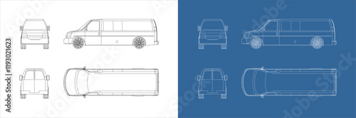 delivery van vector side view line art draw blueprint wireframe on isolated on transparent background