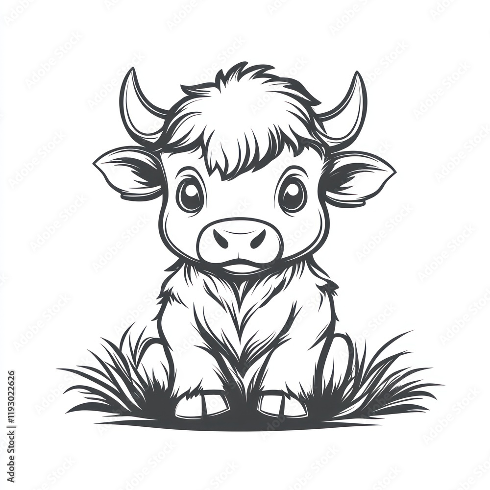 Cute yak calf sitting in grass, isolated on white, for children's books Cute yak calf sitting in grass, isolated on white, for children's books