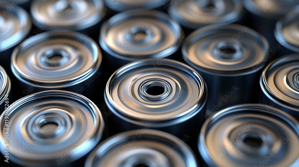 A close-up view of metallic battery tops arranged in a grid pattern. A close-up view of metallic battery tops arranged in a grid pattern.