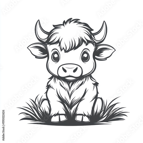 Cute yak calf sitting in grass, isolated on white, for children's books