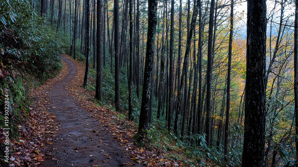 Naklejka premium Winding forest trail surrounded by tall pines autumn scenery nature peaceful environment scenic view