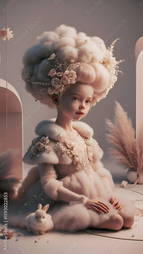 The cutest doll with volume hairstyle in a fashionable dress of dust color and pink fluffy with a pink bunny. Digital work of art. Generated by Ai