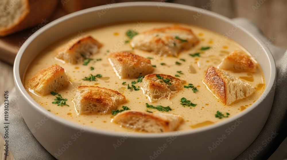 3D vector of a creamy bowl of soup with bread and herbs 3D vector of a creamy bowl of soup with bread and herbs