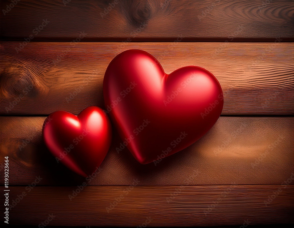 Fototapeta premium Valentine's Day backdrop with two red hearts on a wooden surface.