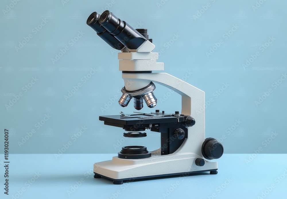 High-Quality Laboratory Microscope on a Light Blue Background for Scientific Research and Education, Featuring Dual Eyepieces and Stage with Clamps High-Quality Laboratory Microscope on a Light Blue Background for Scientific Research and Education, Featuring Dual Eyepieces and Stage with Clamps