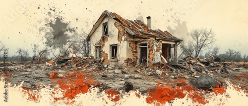 Postearthquake damage to a house, digital art with fractured walls, broken windows, and debris, emphasizing the destruction and chaotic aftermath photo