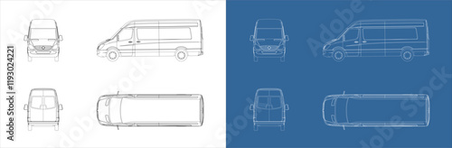 delivery van vector all side view line art draw blueprint wireframe on isolated on transparent background