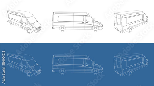 vector delivery van side view line art draw blueprint wireframe on isolated on transparent background