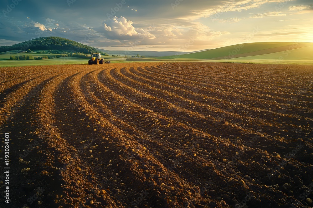 A field harvesting crops with a tractor. Generative AI