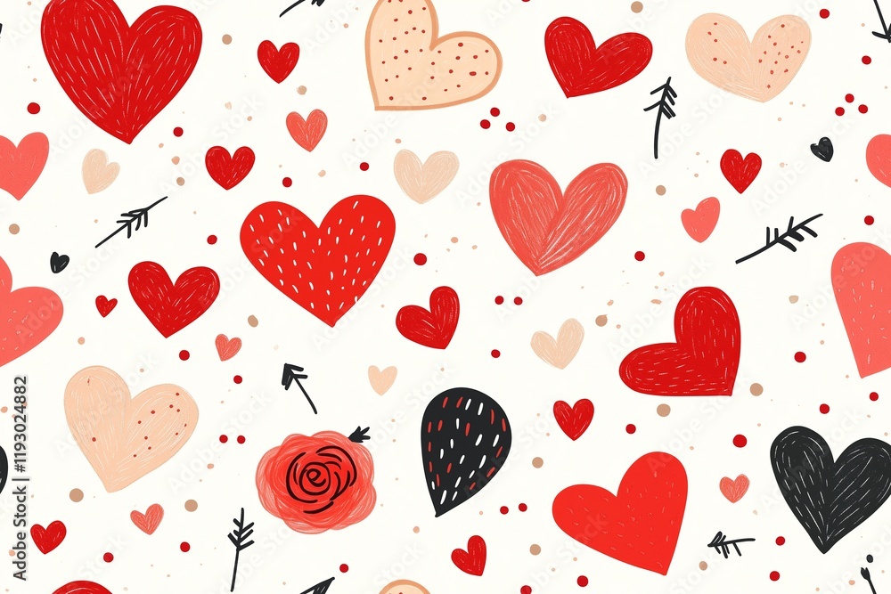 A playful seamless pattern featuring hand-drawn hearts in red, black, and beige, accented with arrows, dots, and decorative elements. A playful seamless pattern featuring hand-drawn hearts in red, black, and beige, accented with arrows, dots, and decorative elements.