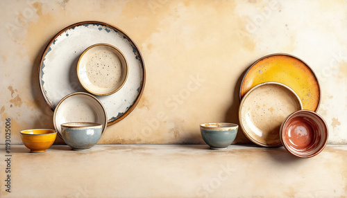 Artistic arrangement of ceramic plates and bowls against a textured background